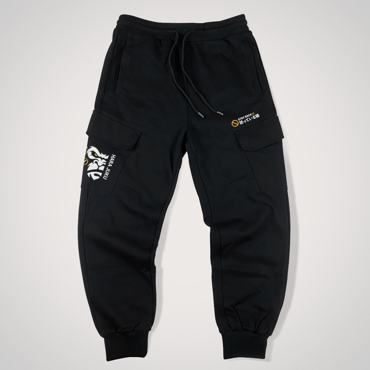 Angry APE - a Japanese style black flap pocket pants with original design printed on the two pockets- front view
