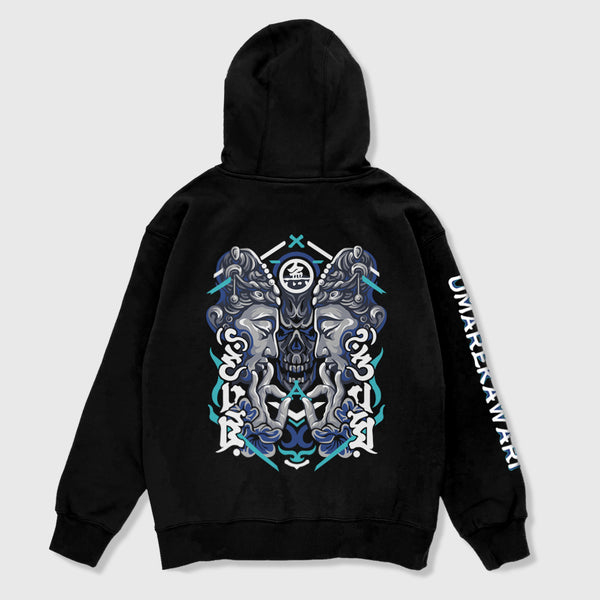 Umarekawari - A Japanese style black hoodie featuring a design of Buddhas confronting the evil illustration on the back, with Japanese characters printed on the right sleeve - Anatta Streetwear