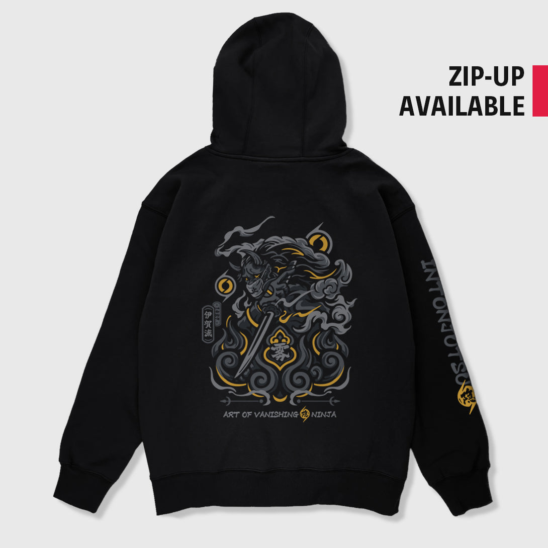 A Japanese-style black hoodie featuring a graphic design inspired by Intonjutsu (art of vanishing), printed on the back—Anatta Streetwear. Perfect for fans of ninja lore, stealth techniques, and street fashion.