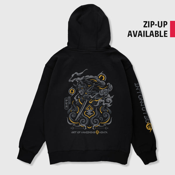 A Japanese-style black hoodie featuring a graphic design inspired by Intonjutsu (art of vanishing), printed on the back—Anatta Streetwear. Perfect for fans of ninja lore, stealth techniques, and street fashion.