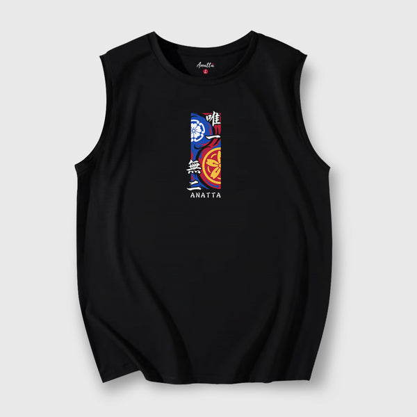 A Japanese style black tank top featuring the redesign of traditional Japanese patterns, printed on the front