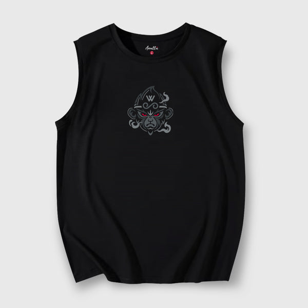 A Japanese style black tank top featuring the great sage wukong, printed on the front - anatta streetwear