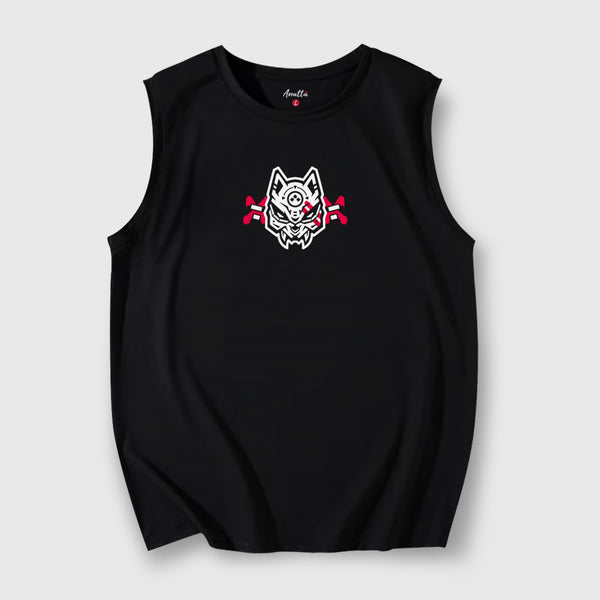 A Japanese style black tank top featuring the Japanese kitsune warrior, printed on the front