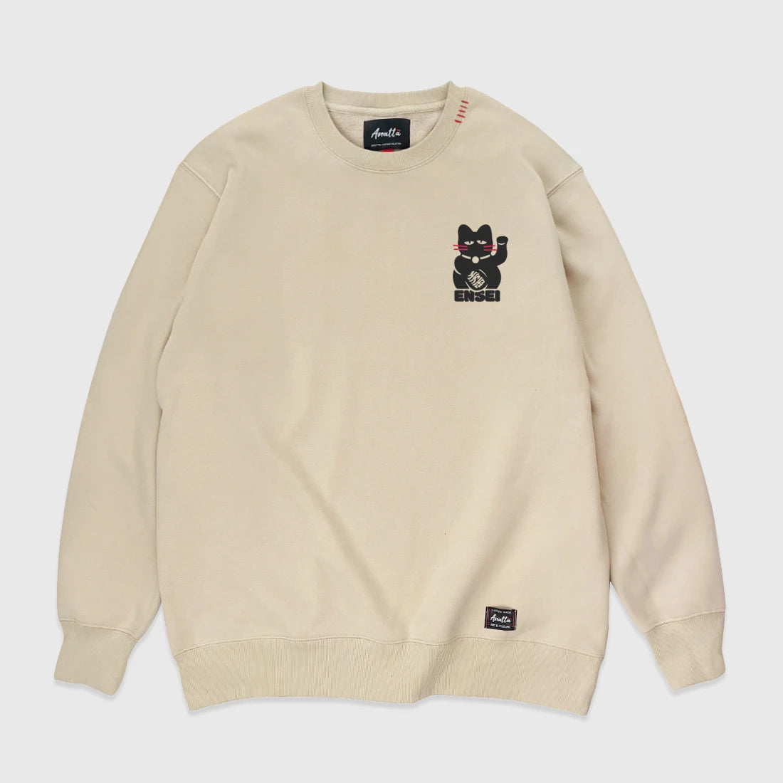 Khaki sweatshirt with Japanese-inspired lucky cat graphic - Anatta