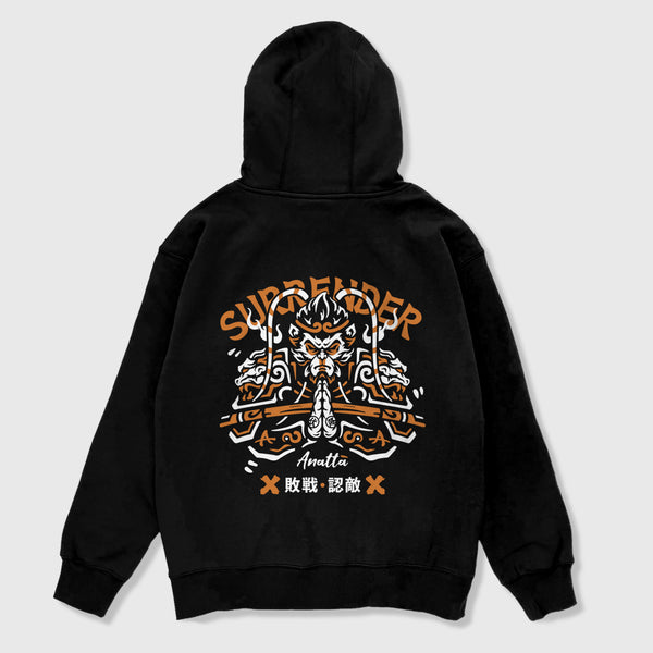 A Japanese-style black hoodie featuring a graphic design of Sun Wukong Surrendering, printed on the back - Anatta Streetwear. Perfect for fans of Chinese mythology and street fashion