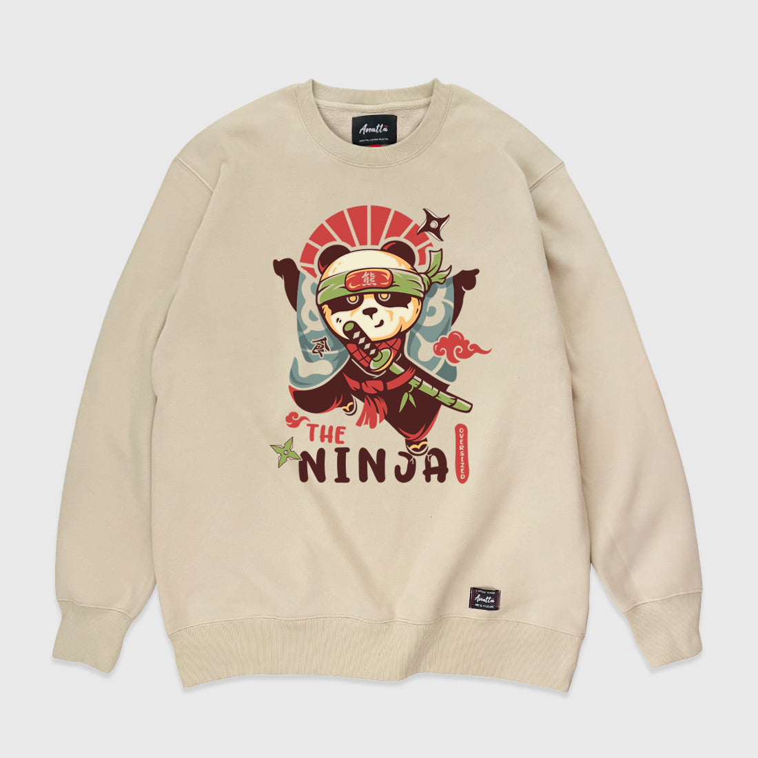 Oversized Ninja - a Japanese style khaki sweatshirt featuring an amusing graphic design of an oversized Japanese panda ninja, printed on the front