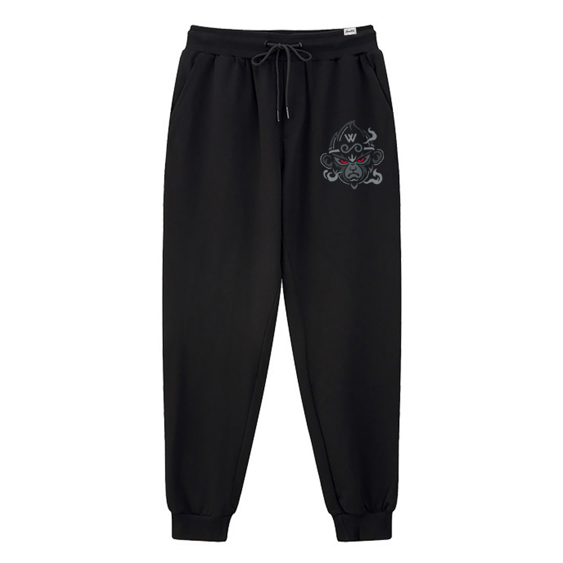 A Japanese style black sweatpants featuring the great sage wukong, printed on the left - anatta streetwear