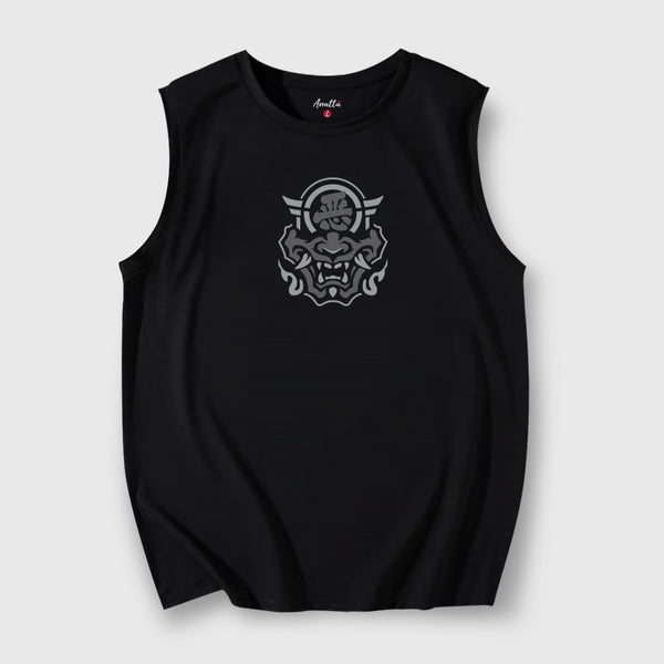 A Japanese style black tank top featuring a graphic design of the Japanese Hannya mask, printed on the front.