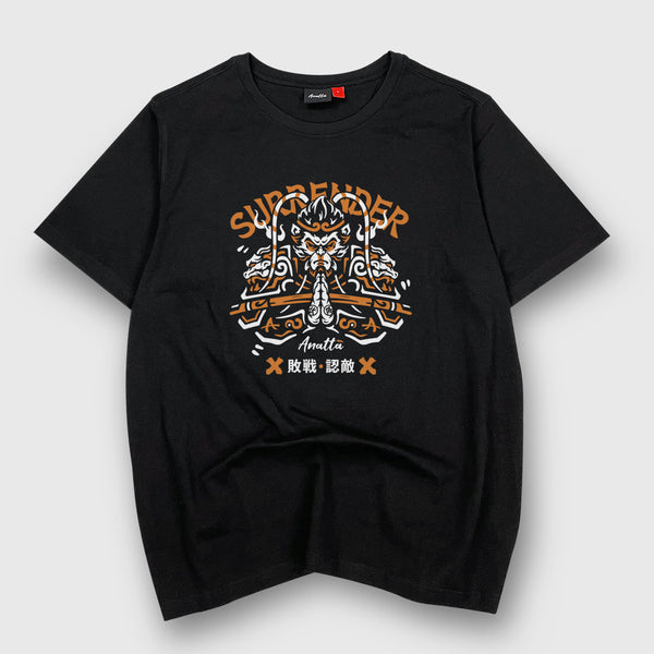 A Japanese style black heavyweight T-shirt featuring a graphic design of Sun Wukong Surrendering, printed on the front - Anatta Streetwear. Perfect for fans of Chinese mythology and street fashion