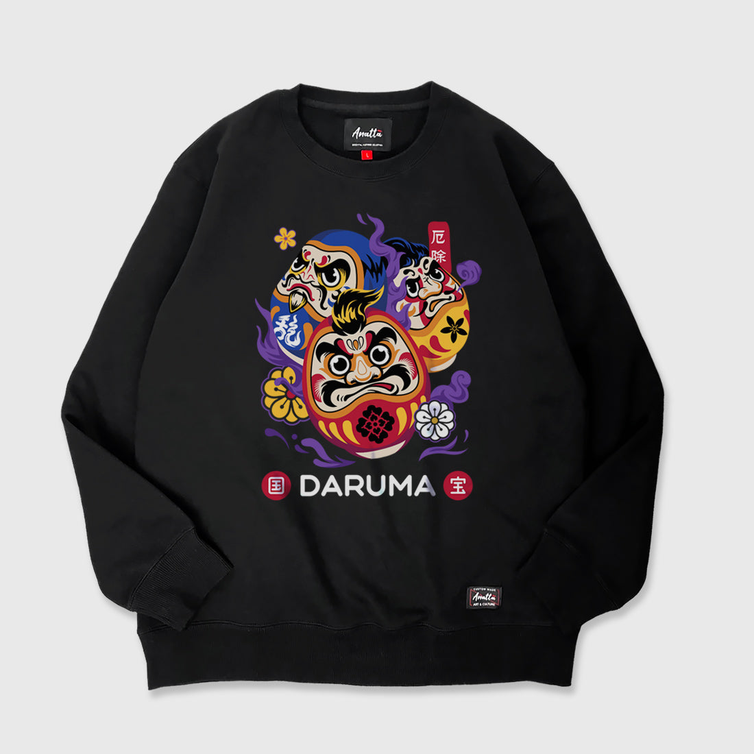 Daruma - A Japanese style black heavyweight sweatshirt featuring a graphic design of Japanese drama doll printed on the front
