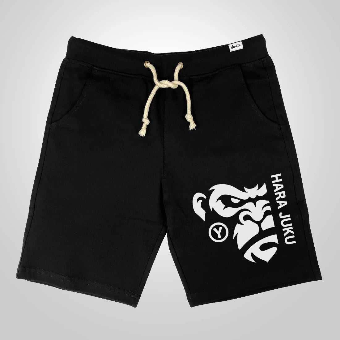Black heavyweight streetwear shorts featuring a Japanese-inspired angry ape graphic.