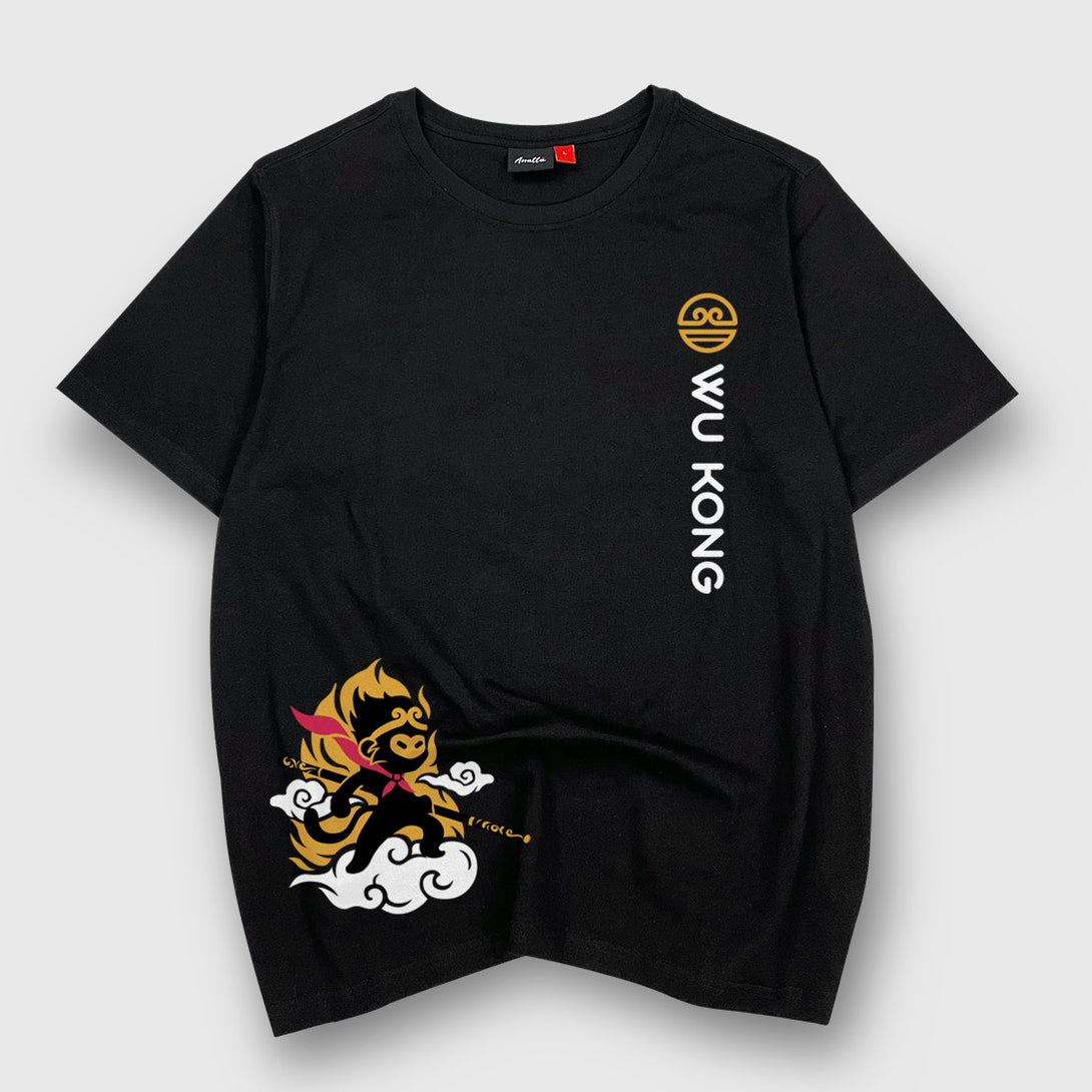 Wukong - A Japanese style black heavyweight T-shirt featuring a design of a minimalist style Wukong printed in the bottom right corner. The word Wukong and an icon are printed on the left front