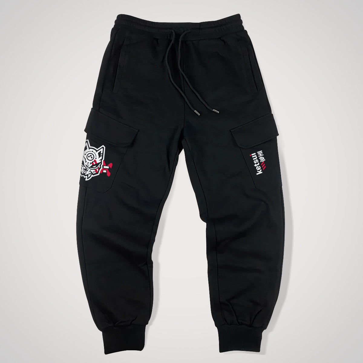 Kitsune Warrior - a Japanese style black flap pocket pants with original design printed on the two pockets- front view