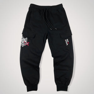 Kitsune Warrior - a Japanese style black flap pocket pants with original design printed on the two pockets- front view