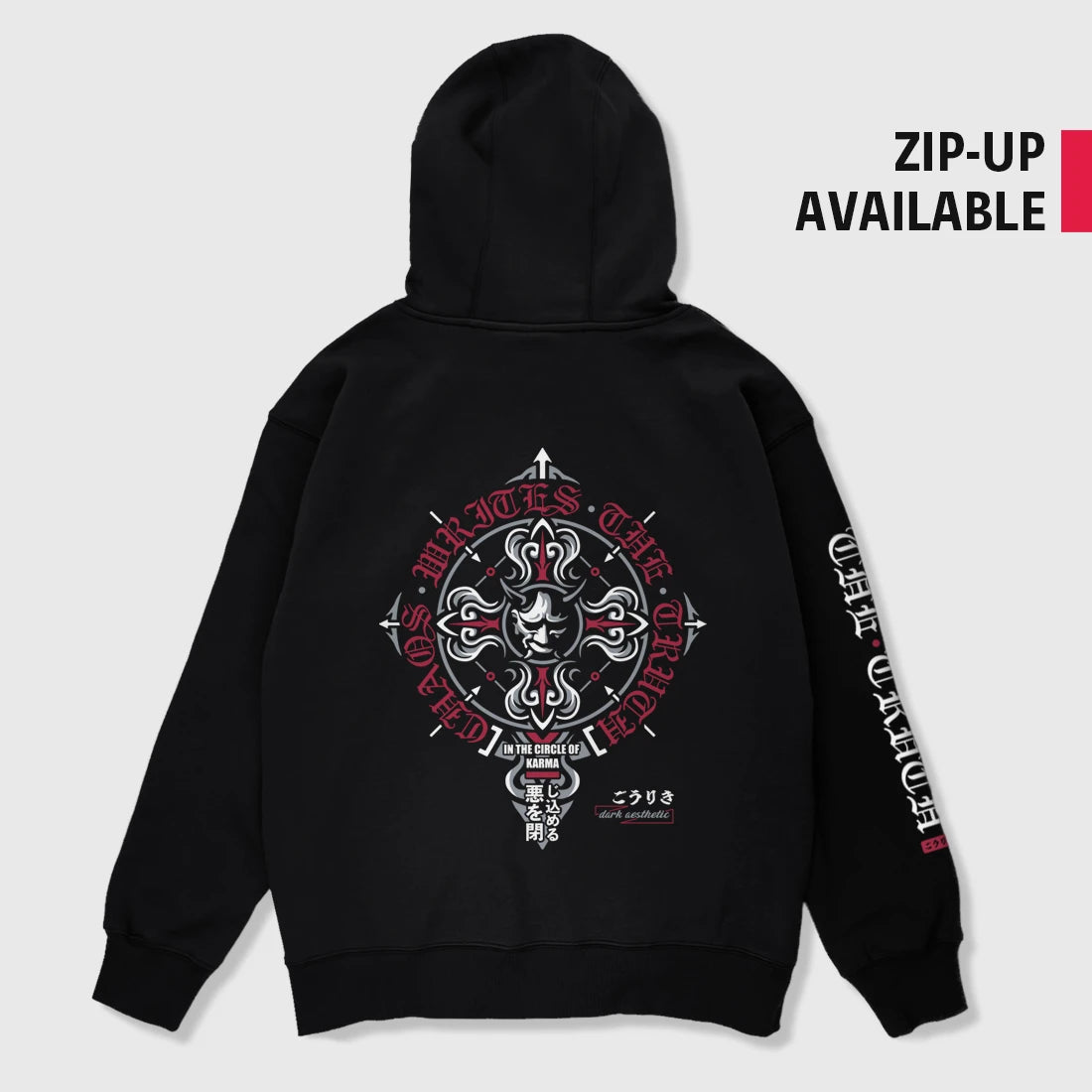 Black hoodie with intricate design on the back and text on the sleeve - Anatta