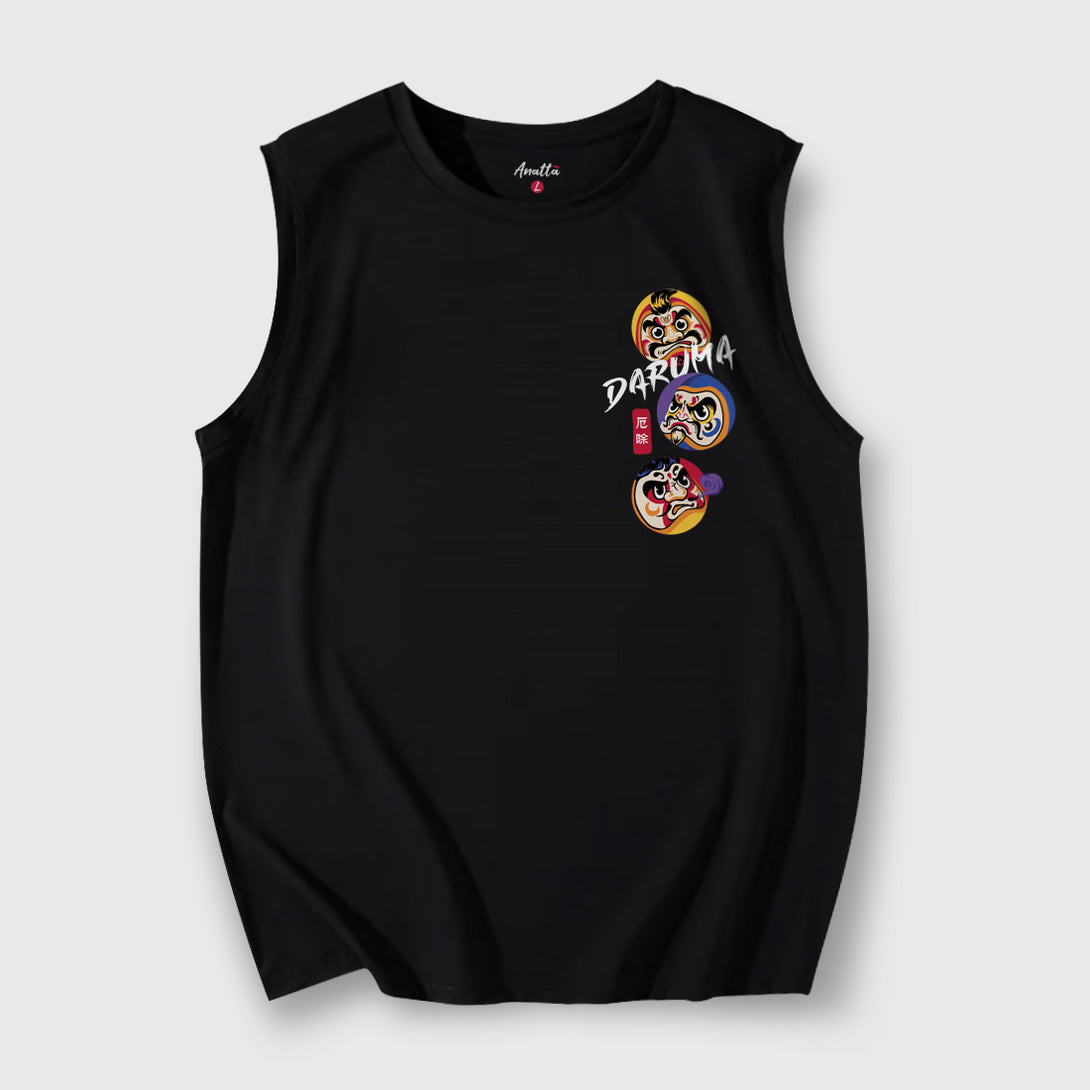 A Japanese style black tank top featuring the Japanese daruma design printed on the left.