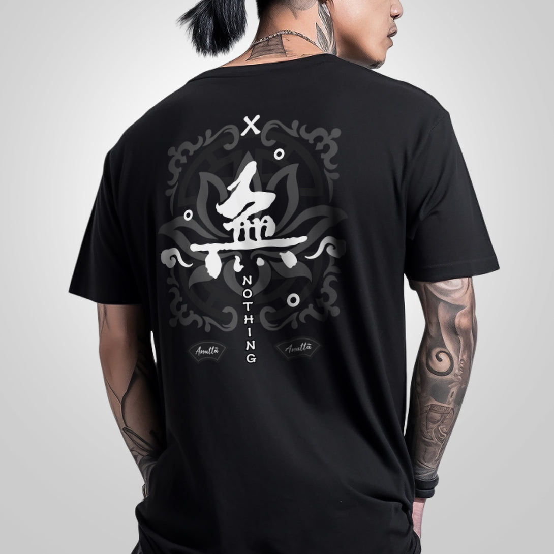 Emptiness - a model wearing a black heavyweight T-shirt featuring a design with a background of religious patterns, overlaid with the Chinese character WU (meaning emptiness) printed on the back