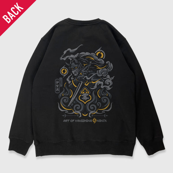 A Japanese-style black hoodie featuring a graphic design inspired by Intonjutsu (art of vanishing), printed on the back—Anatta Streetwear. Perfect for fans of ninja lore, stealth techniques, and street fashion.