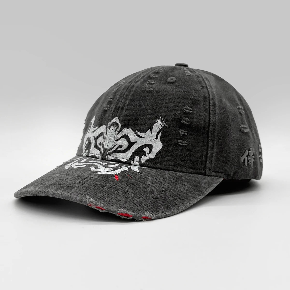 Grey distressed baseball cap with white hannya graphic design on a gray background - Anatta Streetwear
