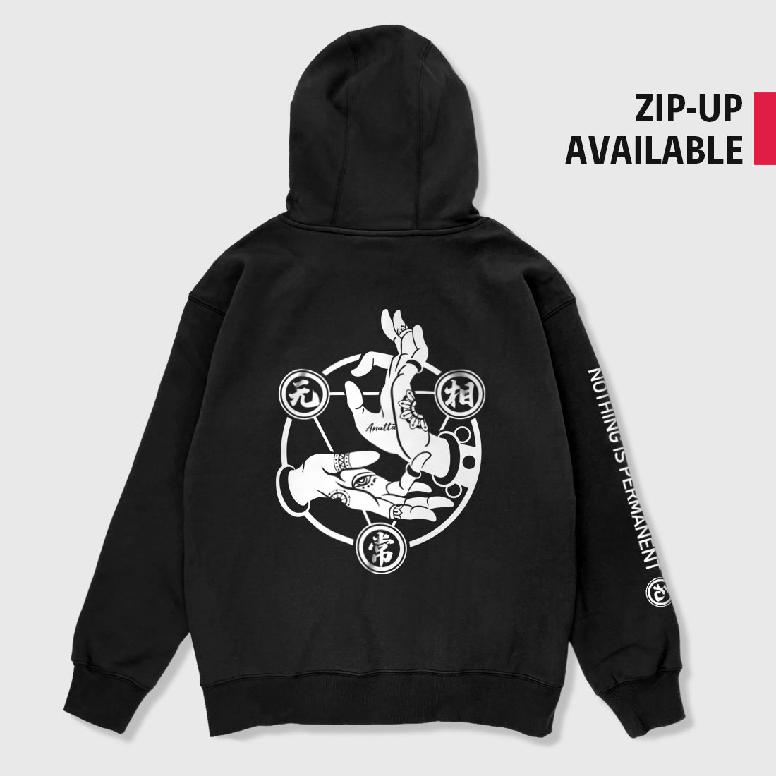 Mudra - A Japanese style black hoodie featuring a graphic design of Buddhism Mudra printed on the back 