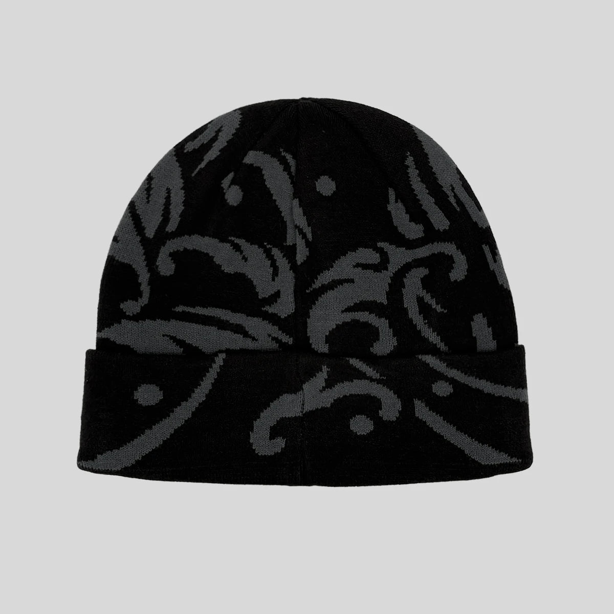 Black beanie with intricate pattern on a light gray background - Anatta Streetwear