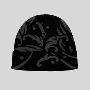Black beanie with intricate pattern on a light gray background - Anatta Streetwear