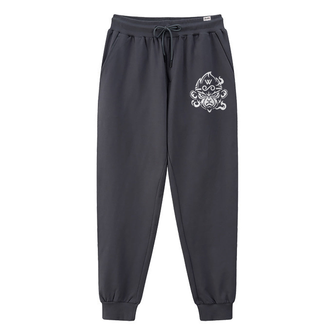 A Japanese style dark grey sweatpants featuring the great sage wukong, printed on the left - anatta streetwear