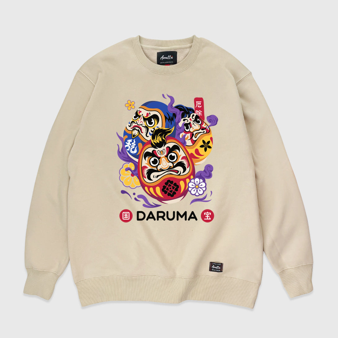 Daruma - A Japanese style khaki heavyweight sweatshirt featuring a graphic design of Japanese drama doll printed on the front