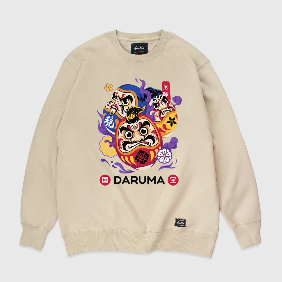 Daruma - A Japanese style khaki heavyweight sweatshirt featuring a graphic design of Japanese drama doll printed on the front