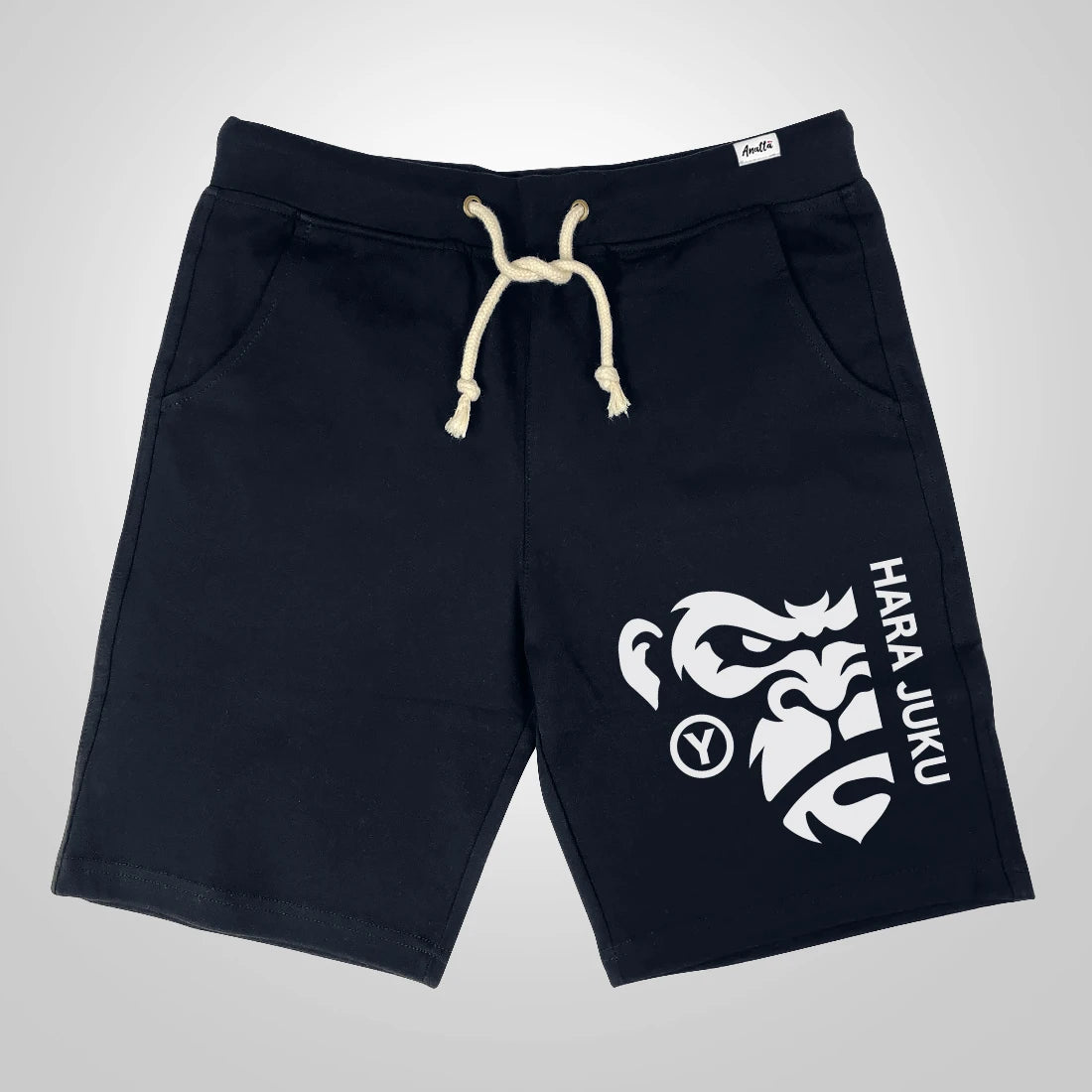 Dark blue heavyweight streetwear shorts featuring a Japanese-inspired angry ape graphic.