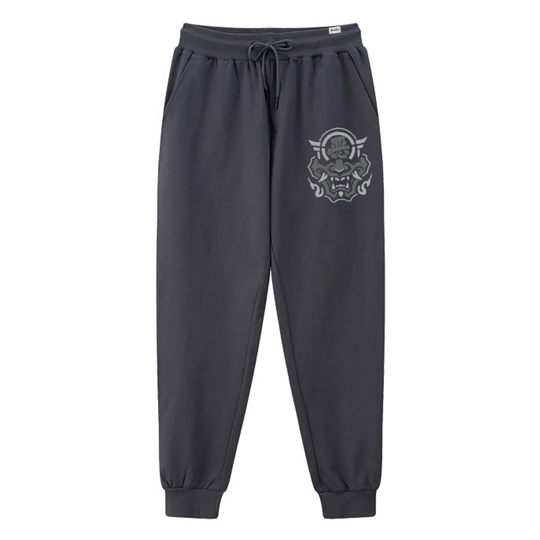 hannya mask - A Japanese style dark grey sweatpants featuring a graphic design of the Japanese Hannya mask, printed on the left.