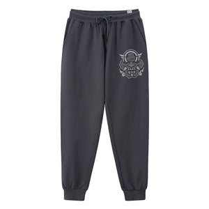 hannya mask - A Japanese style dark grey sweatpants featuring a graphic design of the Japanese Hannya mask, printed on the left.