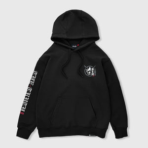 Black streetwear hoodie with Hannya chest print and sleeve text - Anatta