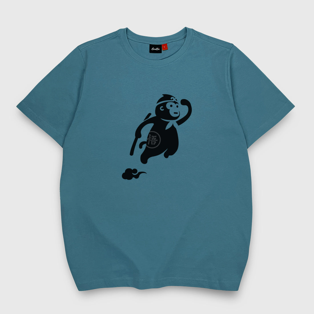 a Japanese style blue stone heavyweight T-shirt featuring a cute design of the oversized wukong, printed on the front - Anatta Streetwear