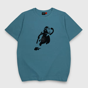 a Japanese style blue stone heavyweight T-shirt featuring a cute design of the oversized wukong, printed on the front - Anatta Streetwear