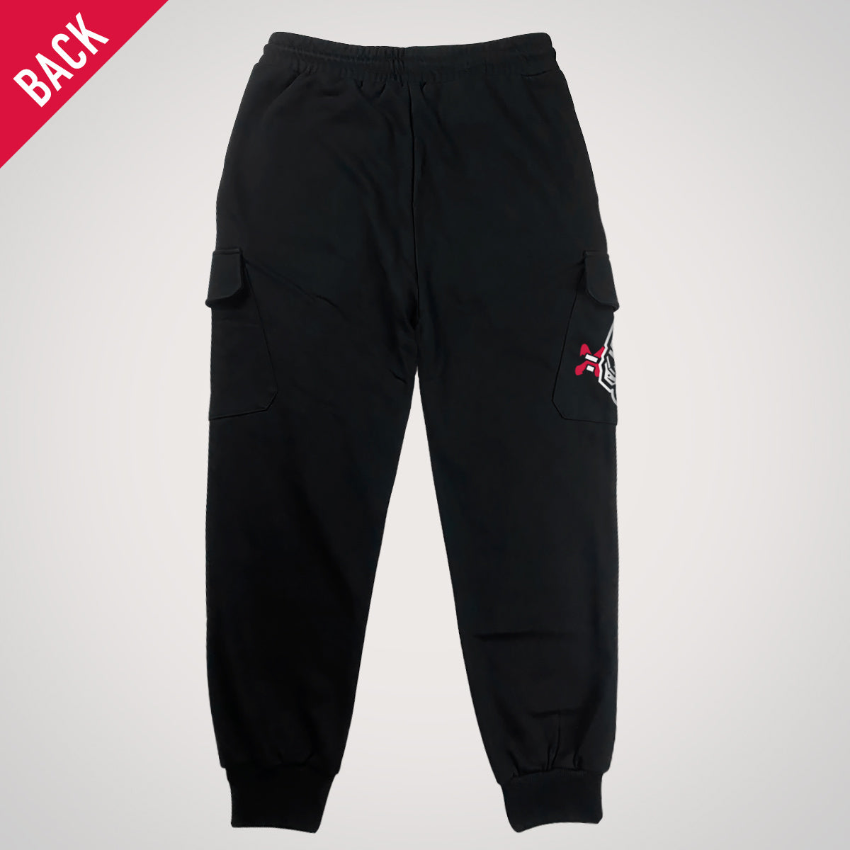 Kitsune Warrior - a Japanese style black flap pocket pants with original design printed on the two pockets- back view