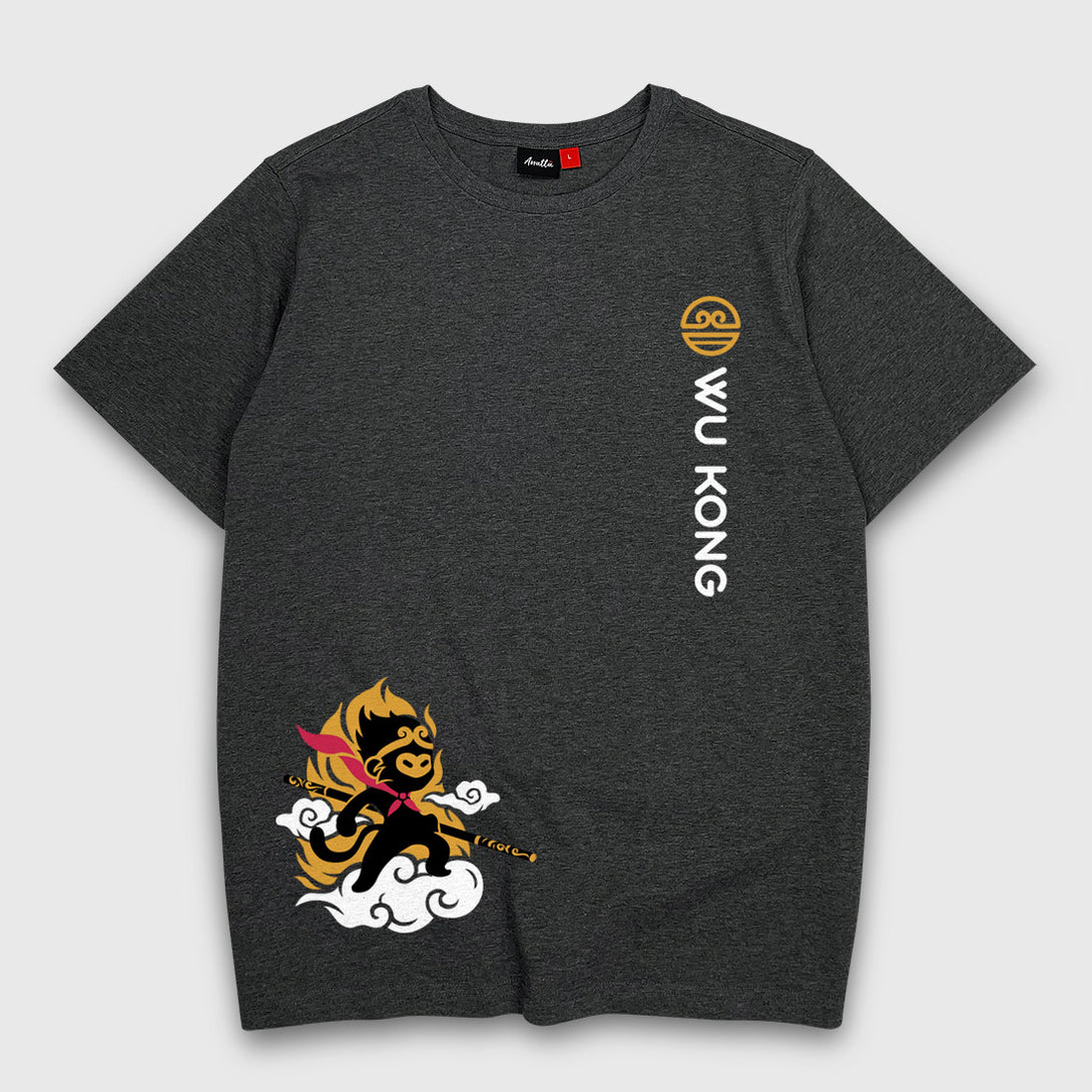 Wukong - A Japanese style dark grey heavyweight T-shirt featuring a design of a minimalist style Wukong printed in the bottom right corner. The word Wukong and an icon are printed on the left front