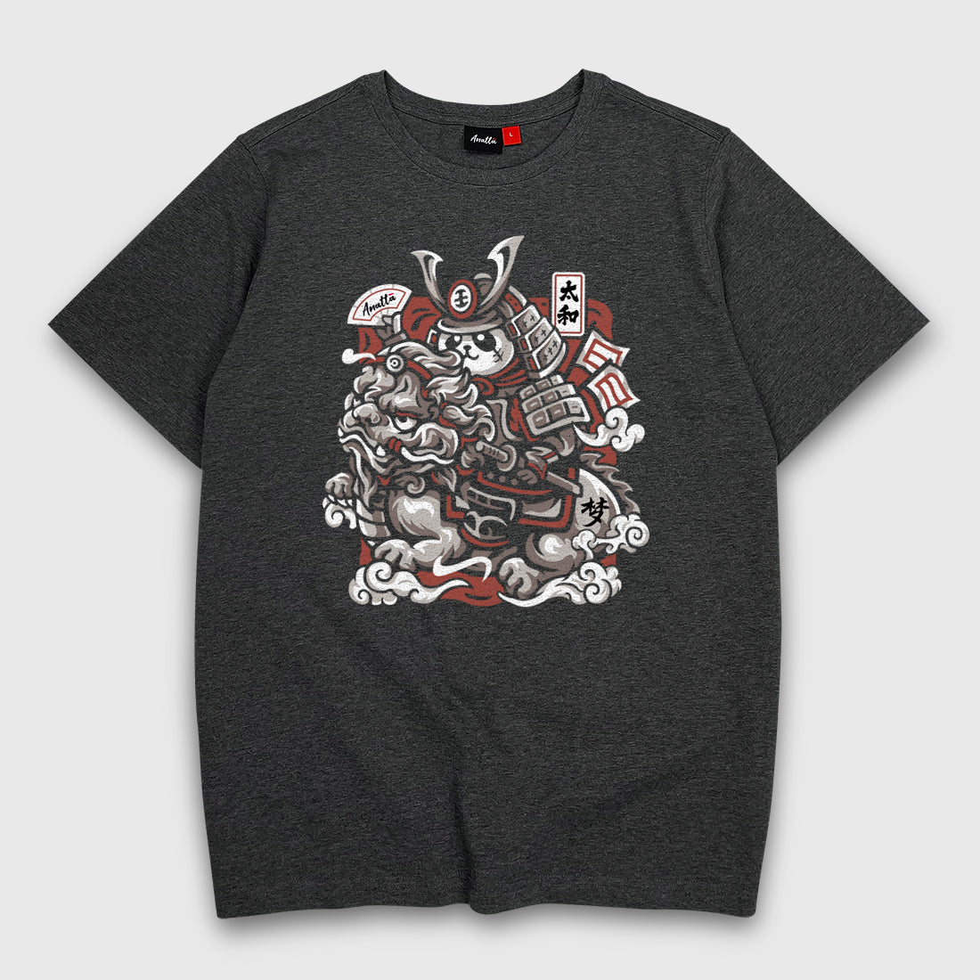 Dream Big - A Japanese style dark grey heavyweight T-shirt featuring a design of a panda warrior in Japanese style riding a Qilin printed on the front