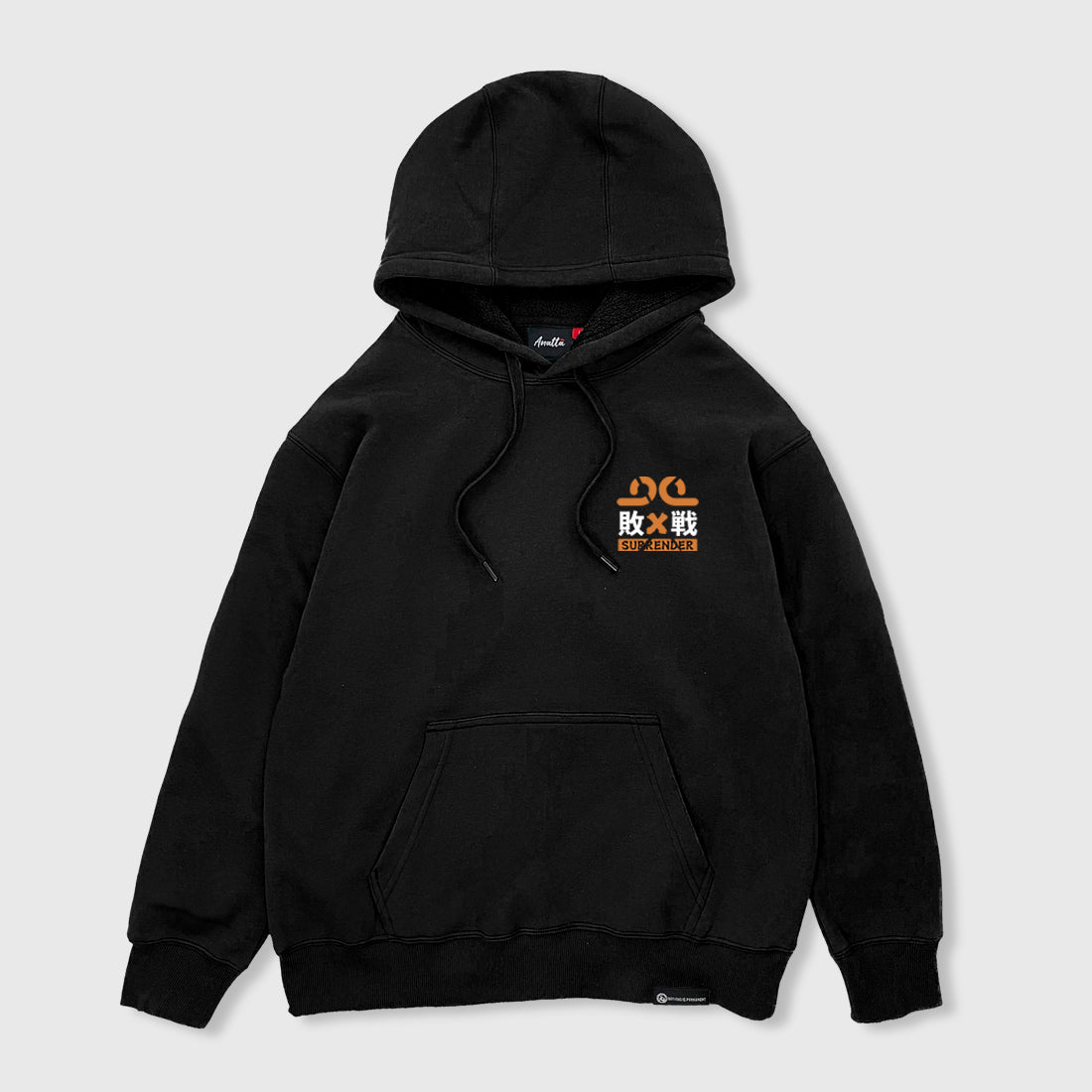 Front view of the Japanese-style black hoodie featuring a small graphic design printed on the left chest - Anatta Streetwear. Ideal for street fashion enthusiasts