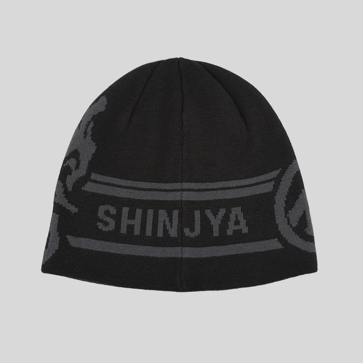 Black beanie with 'SHINJYA'  on a light gray background