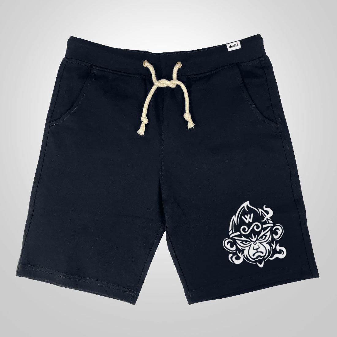 A Japanese style dark blue shorts featuring the great sage wukong, printed on the left - anatta streetwear