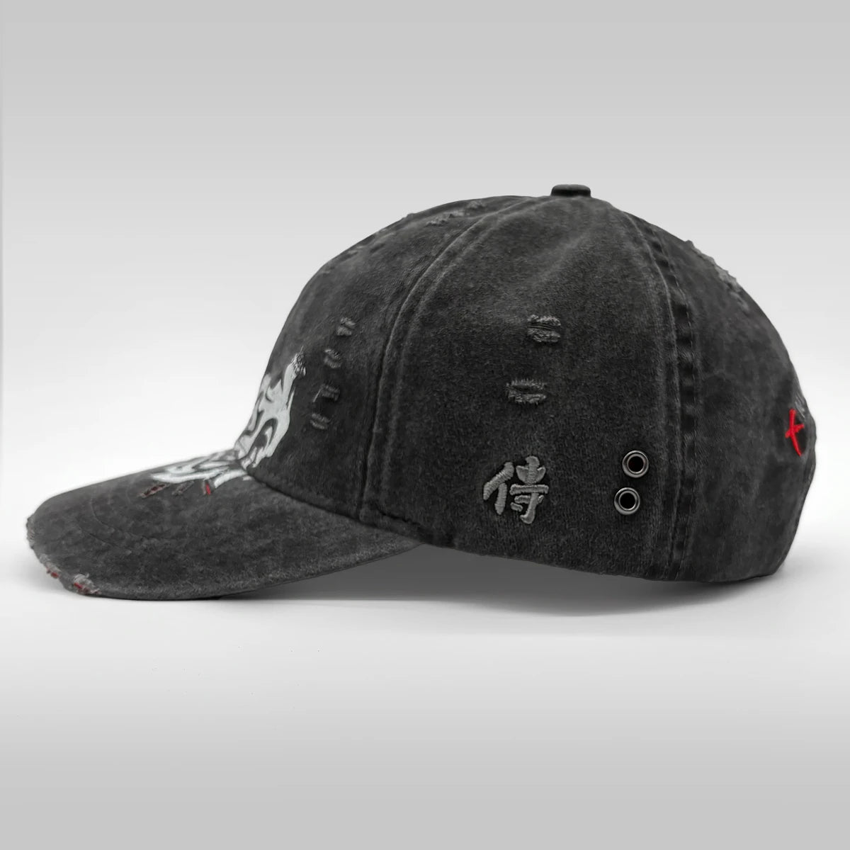 grey distressed baseball cap with text and symbols on a white background - Anatta Streetwear
