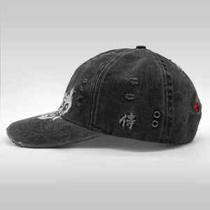 grey distressed baseball cap with text and symbols on a white background - Anatta Streetwear
