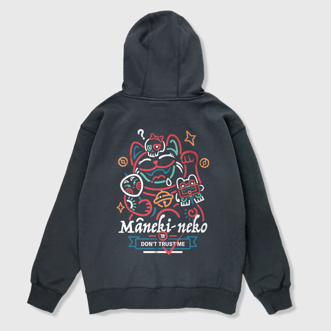 Not to believe in luck - A Japanese style dark grey hoodie featuring a graphic design of a luck cat printed on the back 