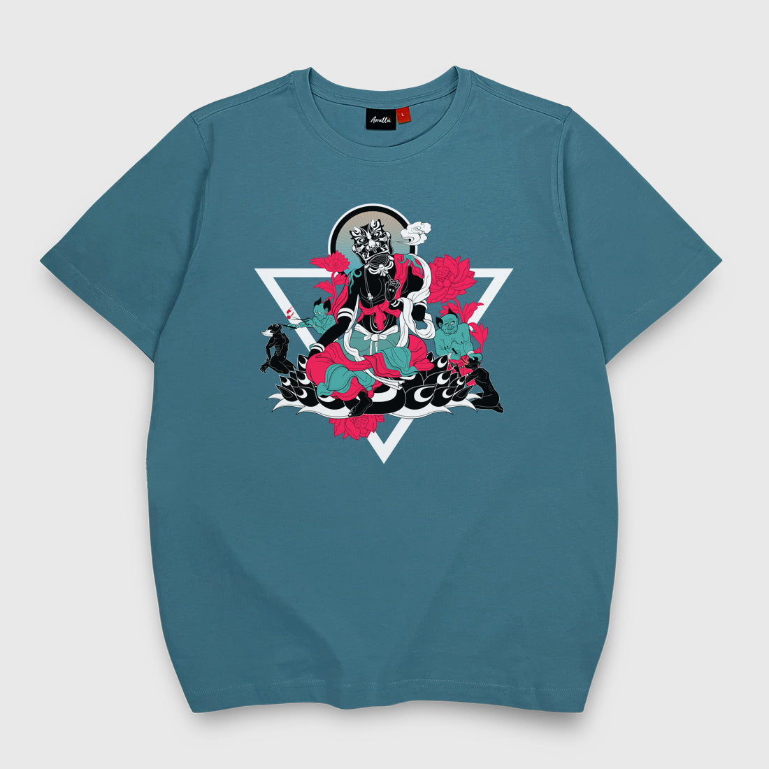 Myth of Underworld - A Japanese style blue stone heavyweight T-shirt featuring a graphic design depicting the underworld from Eastern mythology, printed on the front