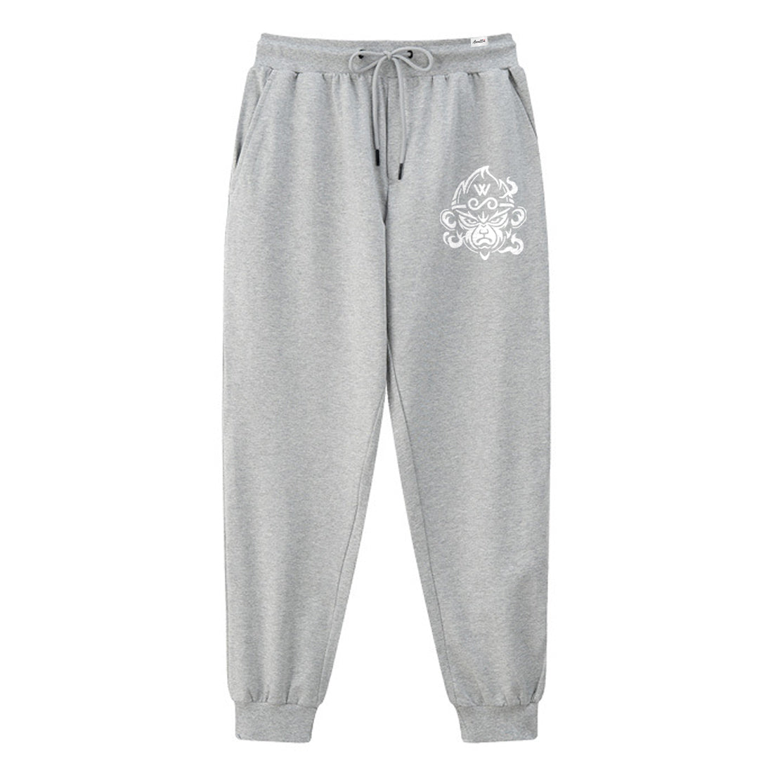 A Japanese style light grey sweatpants featuring the great sage wukong, printed on the left - anatta streetwear