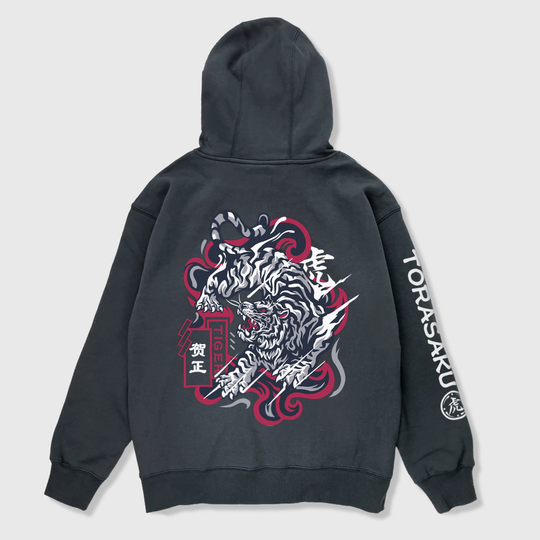The tiger - A Japanese style dark grey hoodie showcasing an intricate illustration of a fierce Japanese tiger printed on the back, Japanese characters printed on the right sleeve