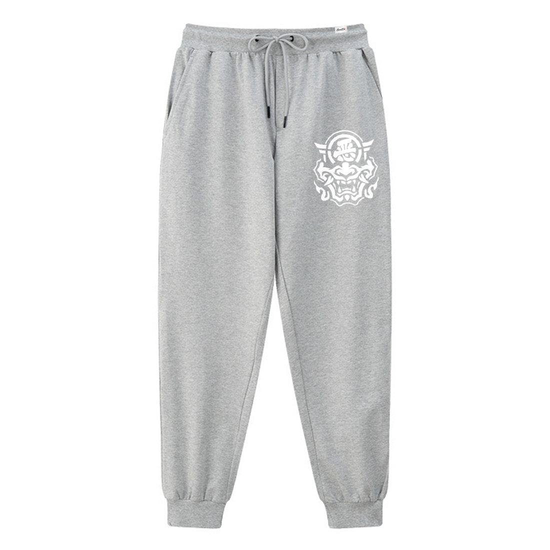 hannya mask - A Japanese style light grey sweatpants featuring a graphic design of the Japanese Hannya mask, printed on the left.