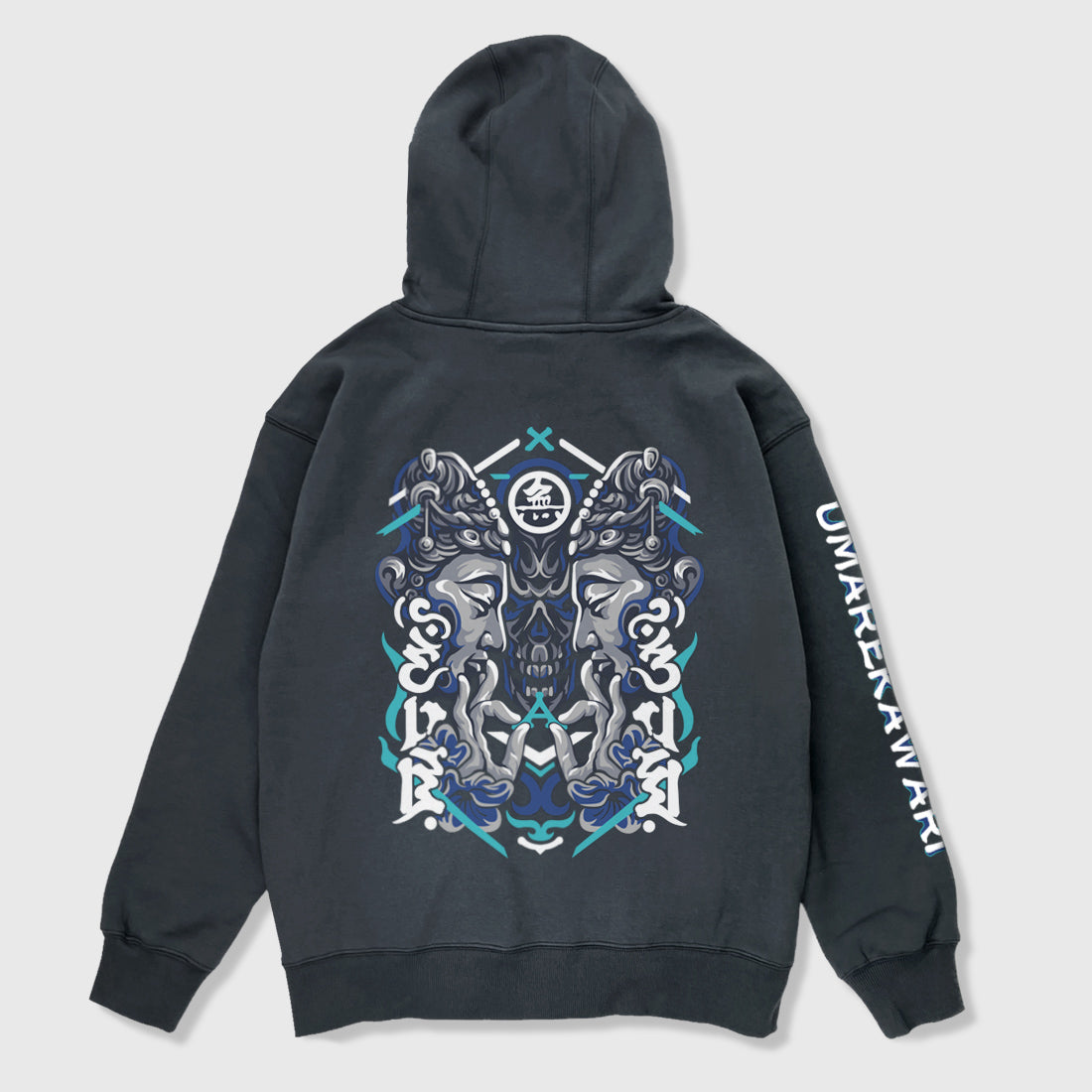 Umarekawari - A Japanese style dark grey hoodie featuring a design of Buddhas confronting the evil illustration on the back, with Japanese characters printed on the right sleeve - Anatta Streetwear