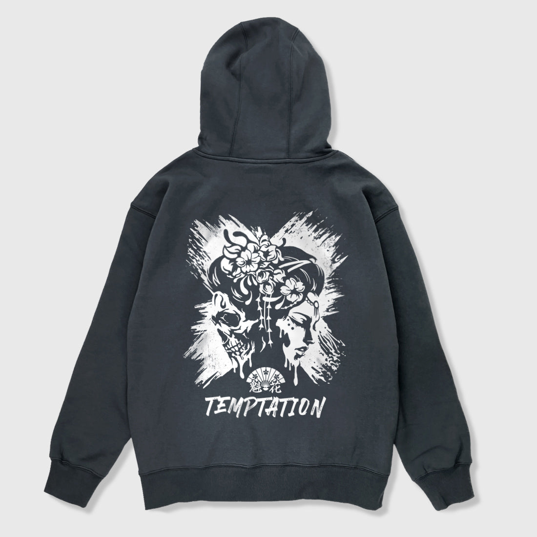 Oiran x Temptation - A Japanese style dark grey hoodie featuring a design that combines oiran with a skull printed on the back
